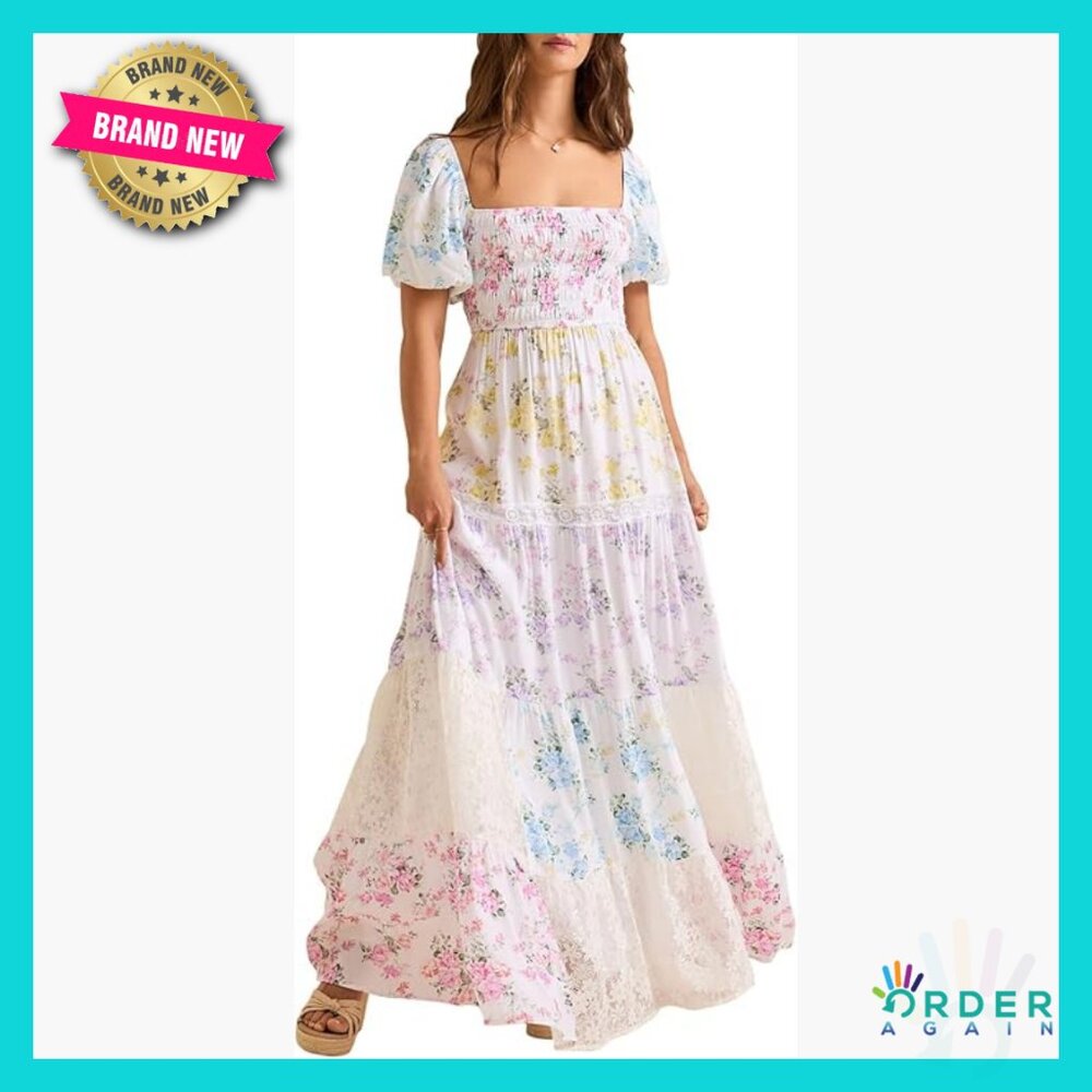 Patchwork Floral Maxi Dress Smocked Bodice Puff Sleeves Boho Summer Vacation